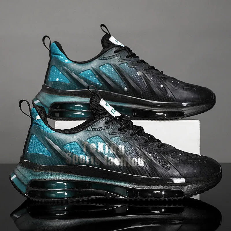Men's black and green heightened platform sneakers with mesh upper and round toe on a rubber sole.