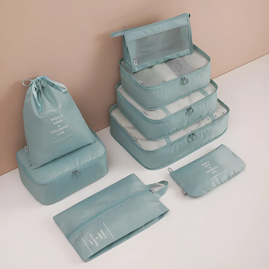 Eight-piece cube polyester storage bag set for travel with seal closure, available in multiple colours