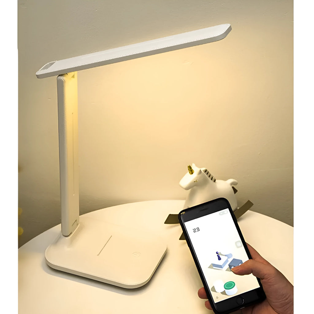 White children's bedside lamp with touch dimming controls and USB charging port