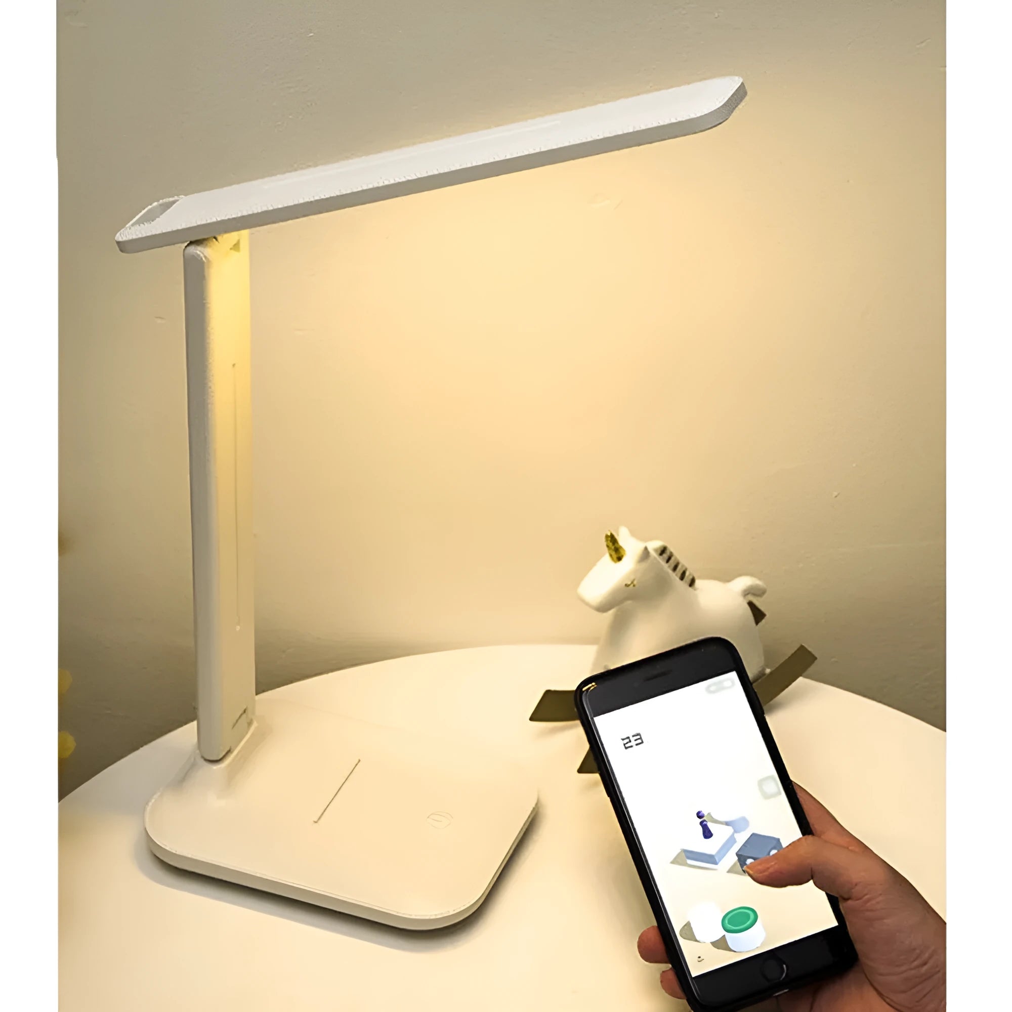 White children's bedside lamp with touch dimming controls and USB charging port