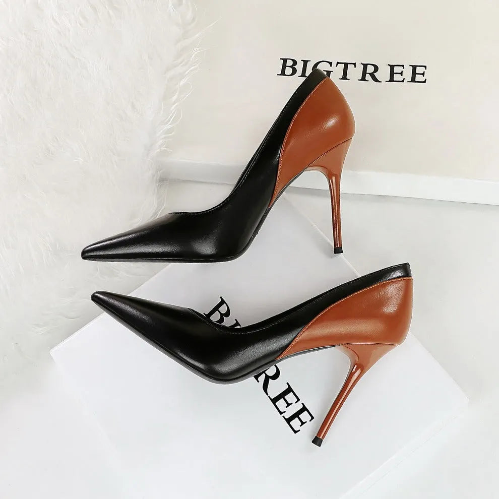 Retro colour block stiletto heel pumps for women, pointed toe, black colour, low top upper, super high heel