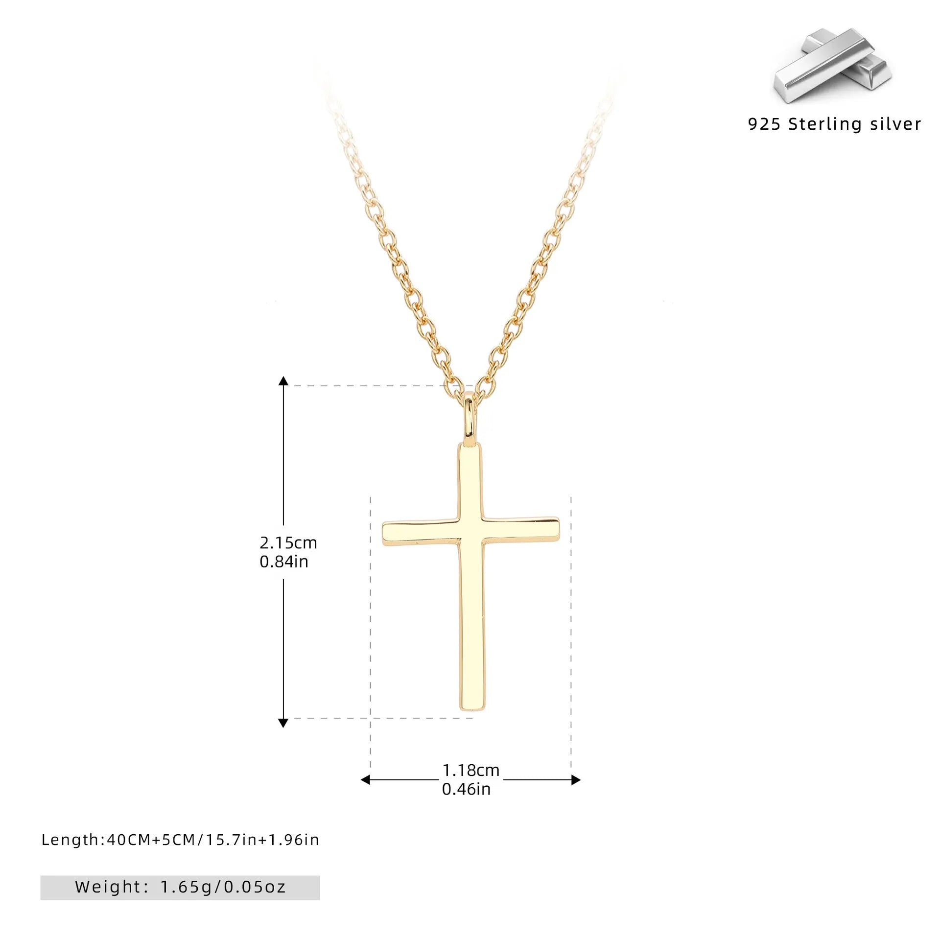 Sterling silver necklace with simple cross pendant on adjustable O-shaped chain in gold, platinum, or rose gold finish