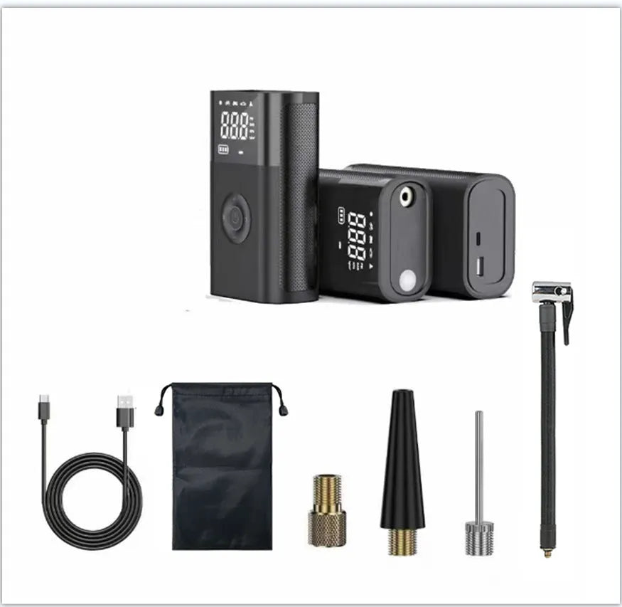 Wireless handheld digital tyre inflator with LCD screen, LED light, and attachments for car, bike, and ball valves.