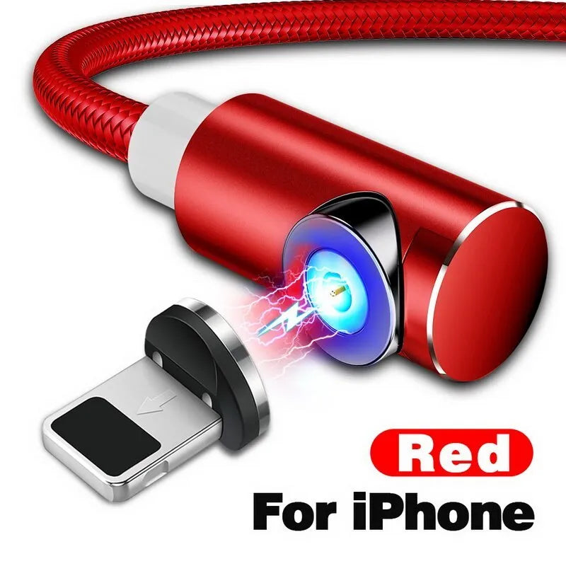 Black L-shaped magnetic charging cable with aluminium connectors for Micro USB, Lightning, and Type-C phones.