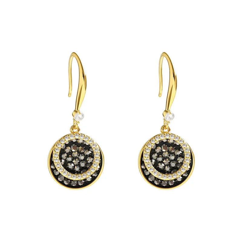 Black retro Hong Kong style geometric round earrings measuring 3.6cm length with alloy construction