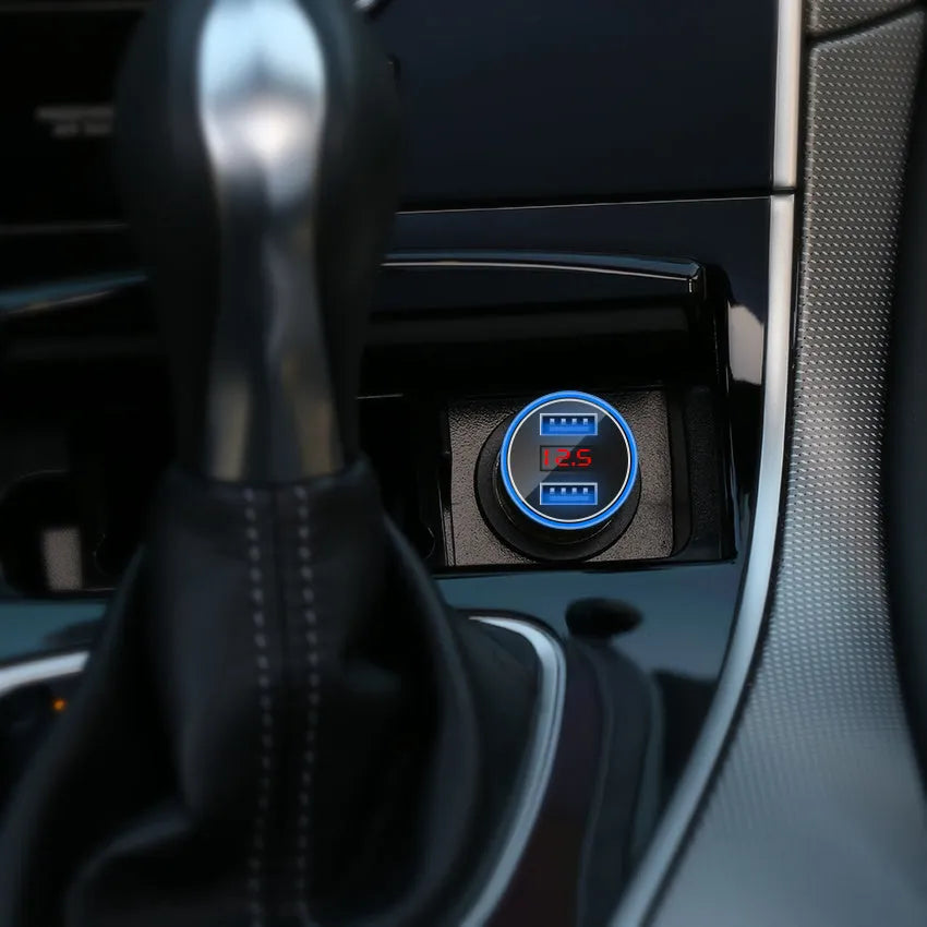 5V 3.1A dual USB car charger with red LED display in black, blue, gold, red, and silver colours