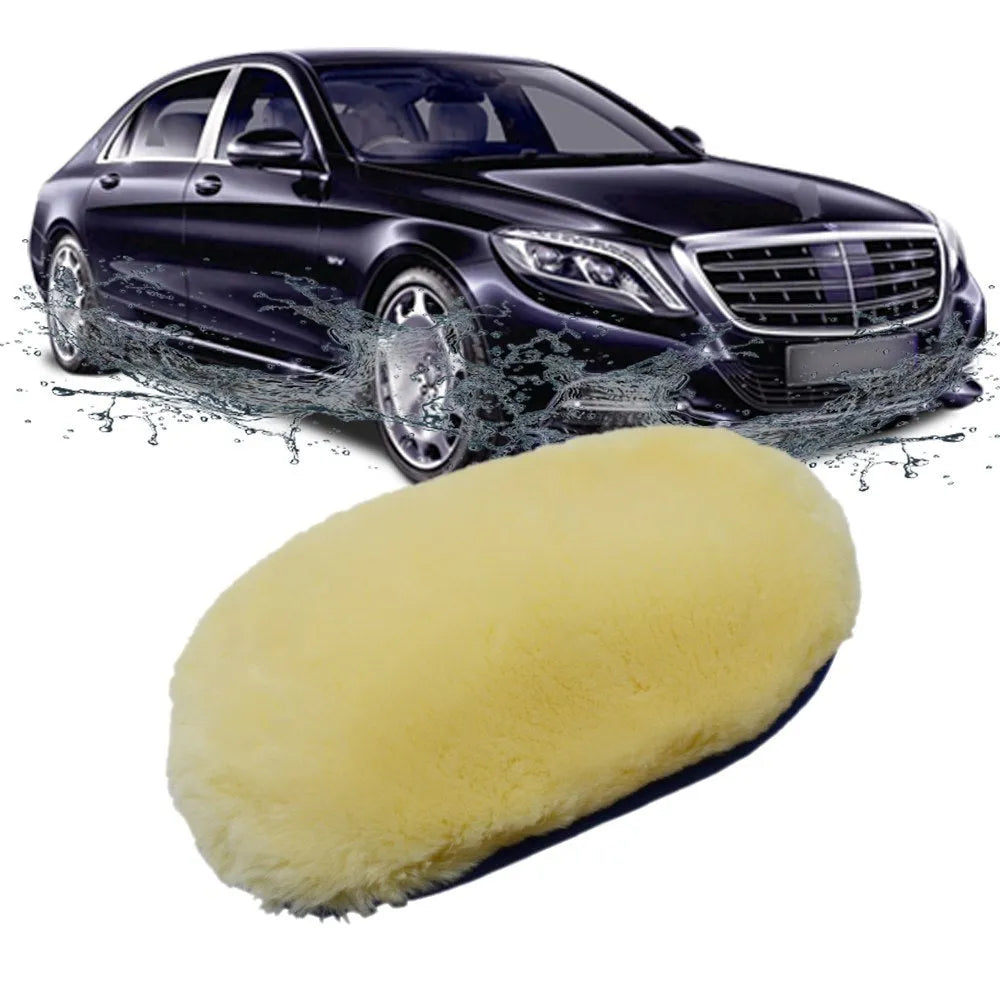 Pair of soft artificial wool car wash cleaning gloves in black, 15x24cm, on a car surface
