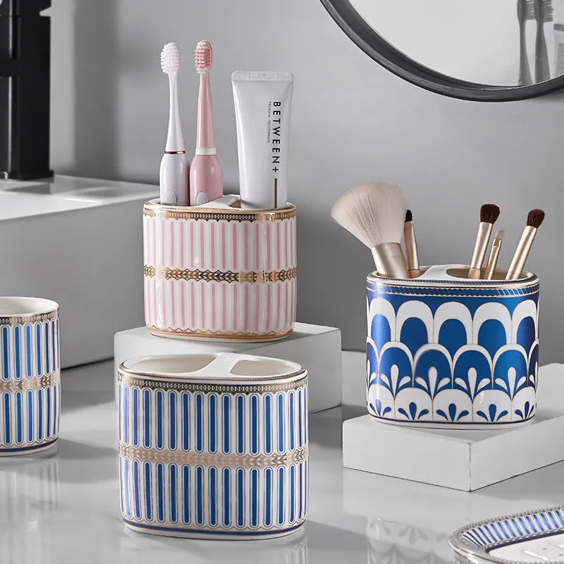 Ceramic toothbrush rack in household light luxury style with three colour options on a bathroom counter