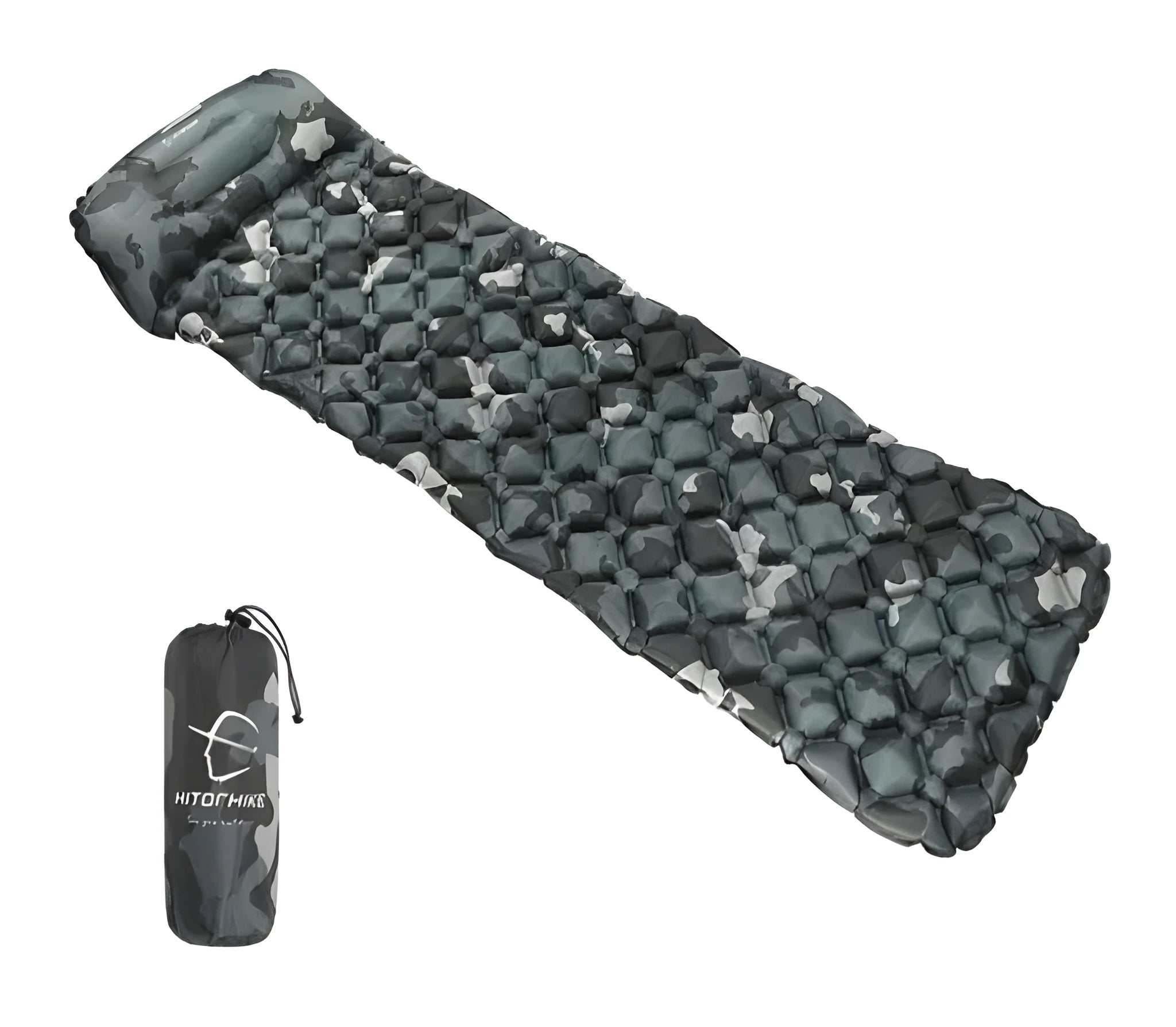 Blue camouflage inflatable camping sleeping pad made of diamond-pattern nylon on outdoor ground