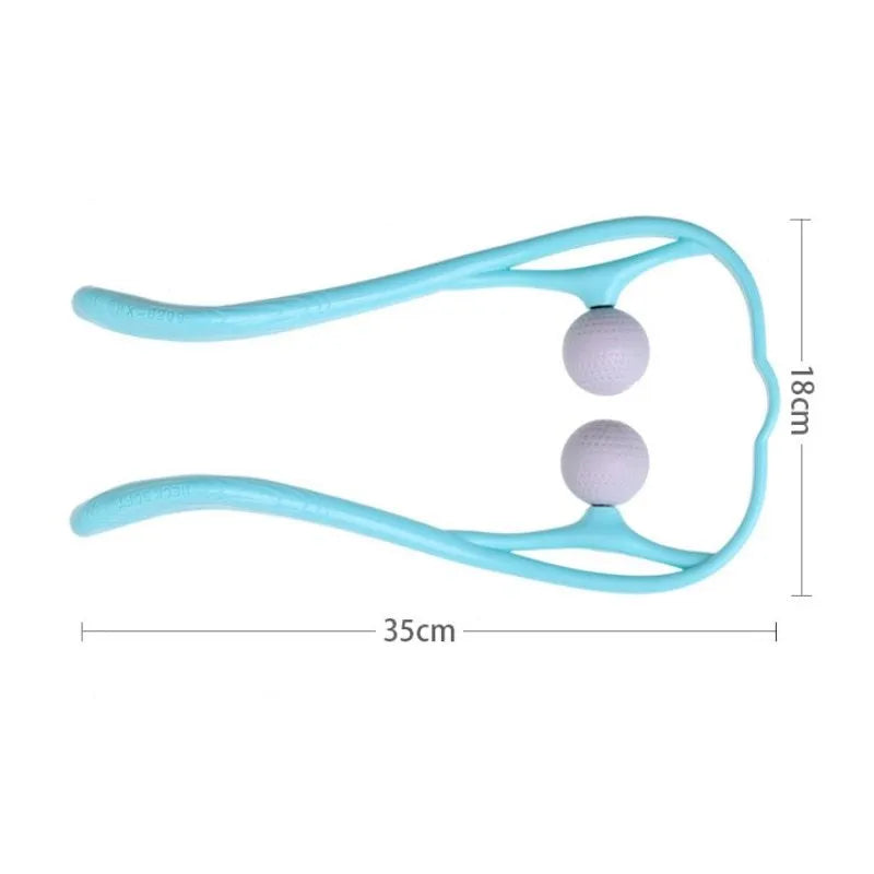 Blue plastic swan-shaped neck massager with hand roller and adjustable stand on a white background
