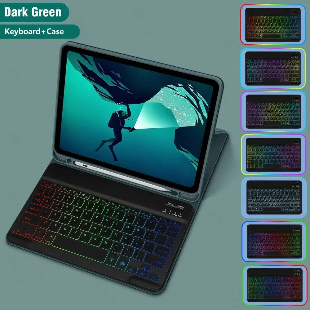 iPad in a colourful TPU leather case with a built-in luminous RGB backlit Bluetooth keyboard and stand open.