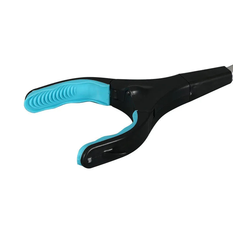 Blue foldable aluminium walking stick with a TPR foam grip, shown both extended and folded.