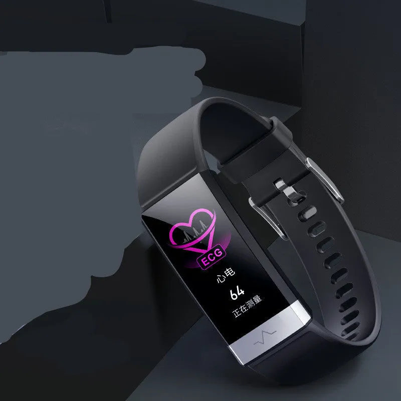 V19 smart health bracelet with colour screen and black TPU strap, showing ECG monitoring interface.