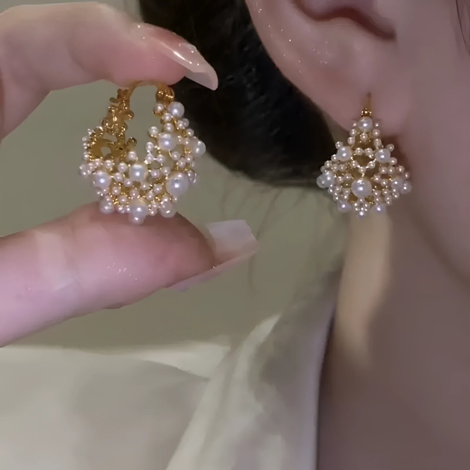 Gold copper flower basket earrings for women with pearl inlay and small bead details