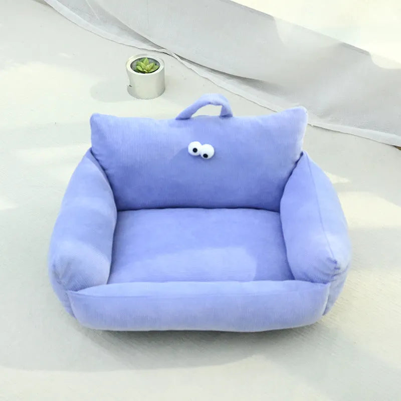 Warm puppy sofa kennel with cartoon eyes in blue colour, small size 55x45cm