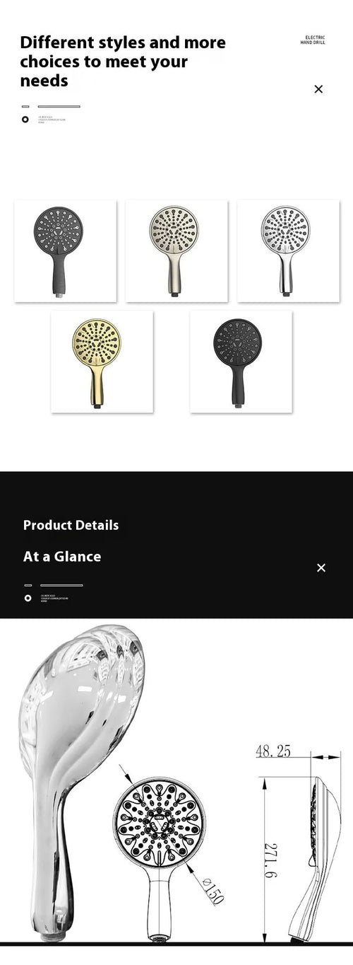 Six-inch handheld shower head with electroplated finish and multi-function spray selector.