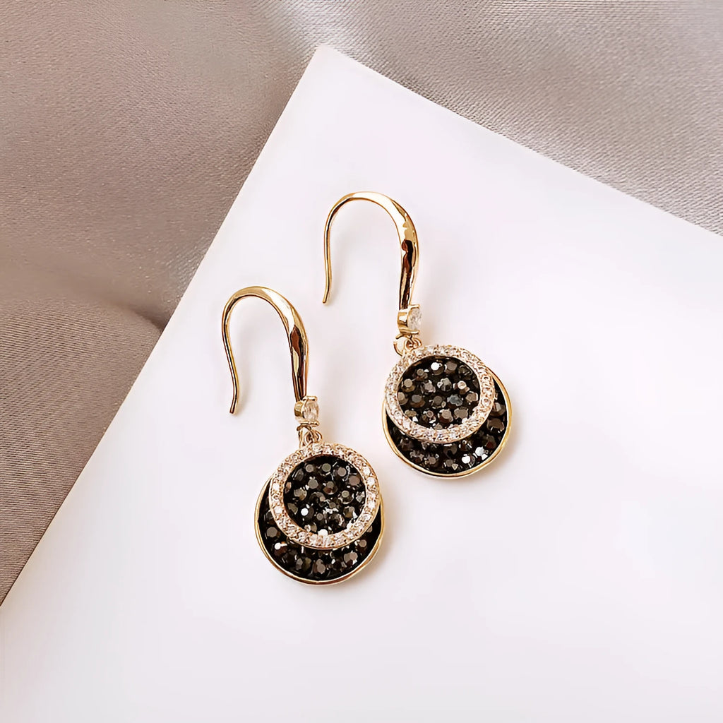 Black retro Hong Kong style geometric round earrings measuring 3.6cm length with alloy construction