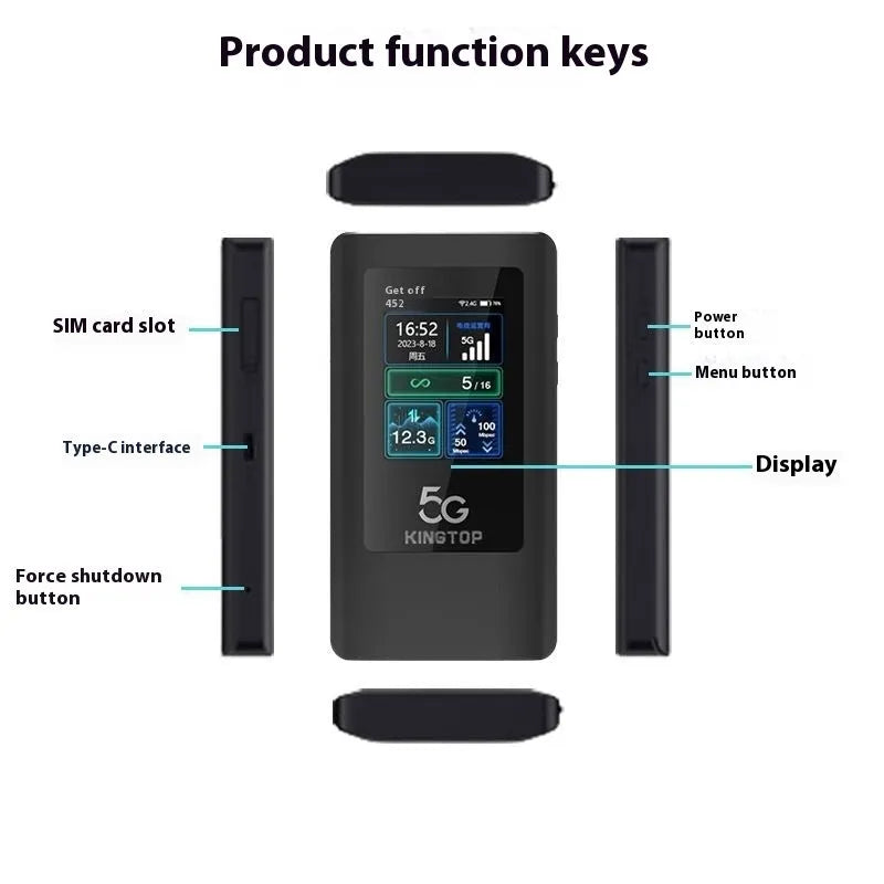 Black 5G portable Wi-Fi router with LCD display showing 4400mAh battery and TYPE-C port