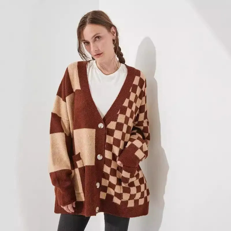 Women's loose slim fit printed checks knitwear cardigan in polyester spandex fabric