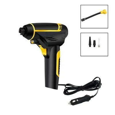 Black handheld digital LED car air compressor with 120W power and auto stop on a dark background
