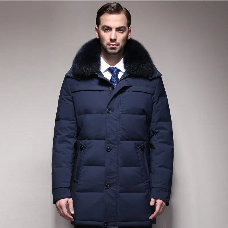 Men's thickened white duck down jacket standing collar no hood zipper front black colour solid pattern winter coat