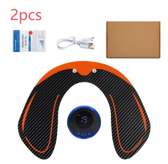 EMS hip muscle training stimulator with remote control and two gel pads in orange
