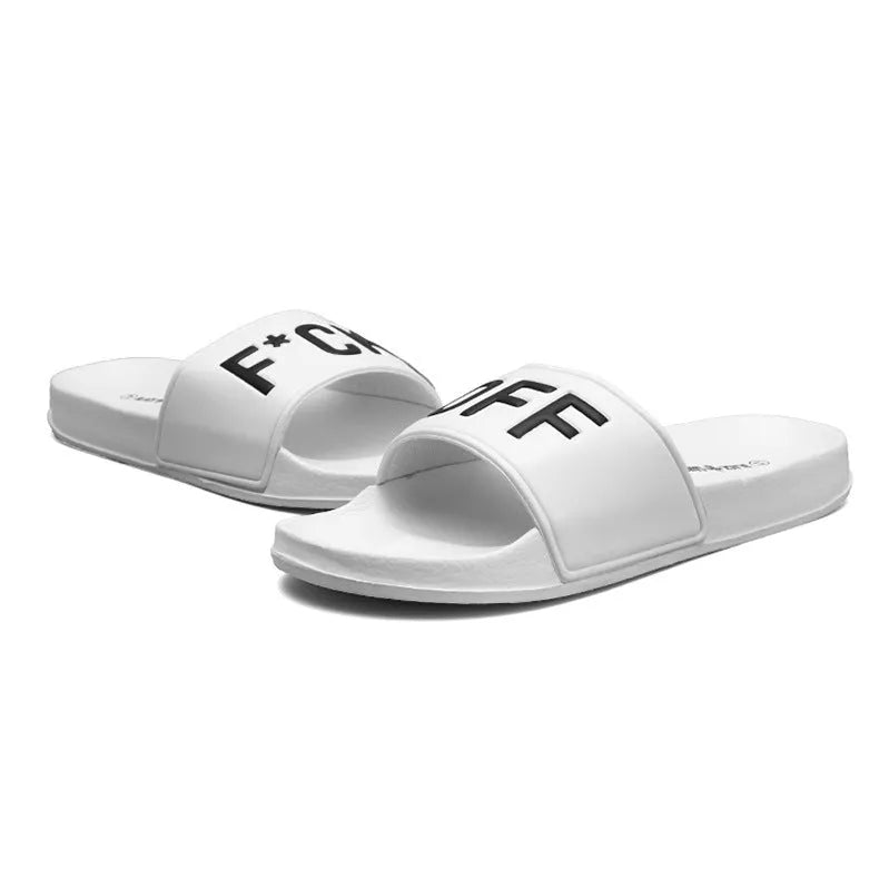 Large size men's open-toe slippers with rubber sole, shown in black and white colour options.
