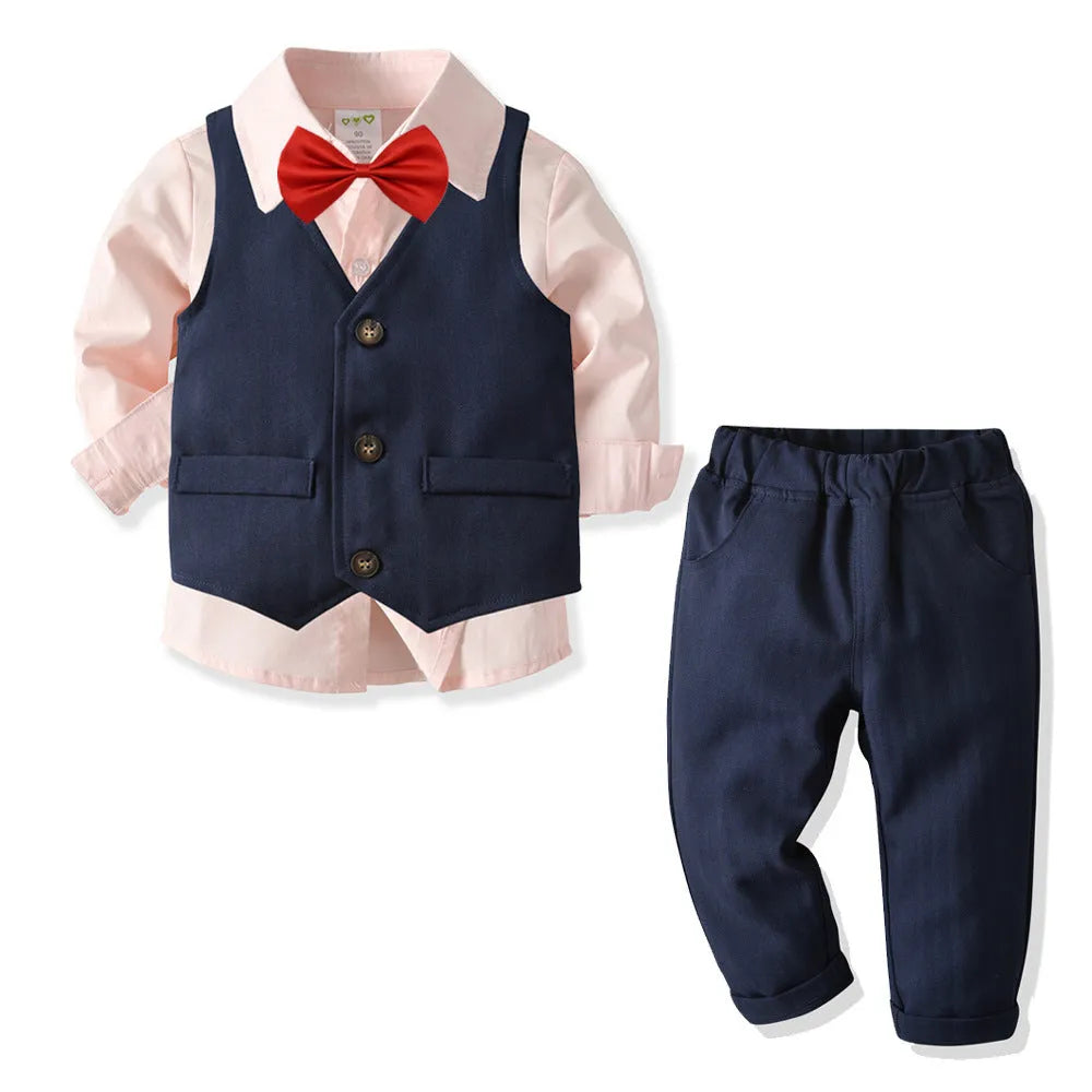 Boys cotton dress suit set shirt and trousers in blue, pink, and white, sizes 90cm to 140cm