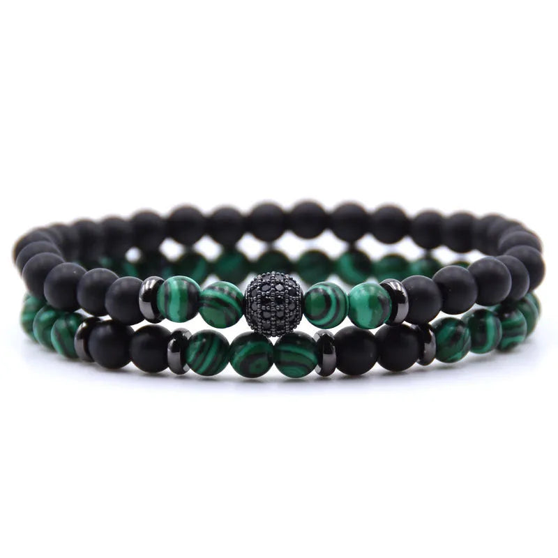 Micro-inlaid zircon bracelet with 6mm natural stone beads on elastic line, 19cm length, multicolour options