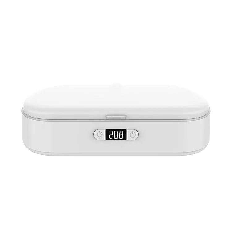 White ABS plastic UV steriliser box with wireless charging pad for phones and personal items
