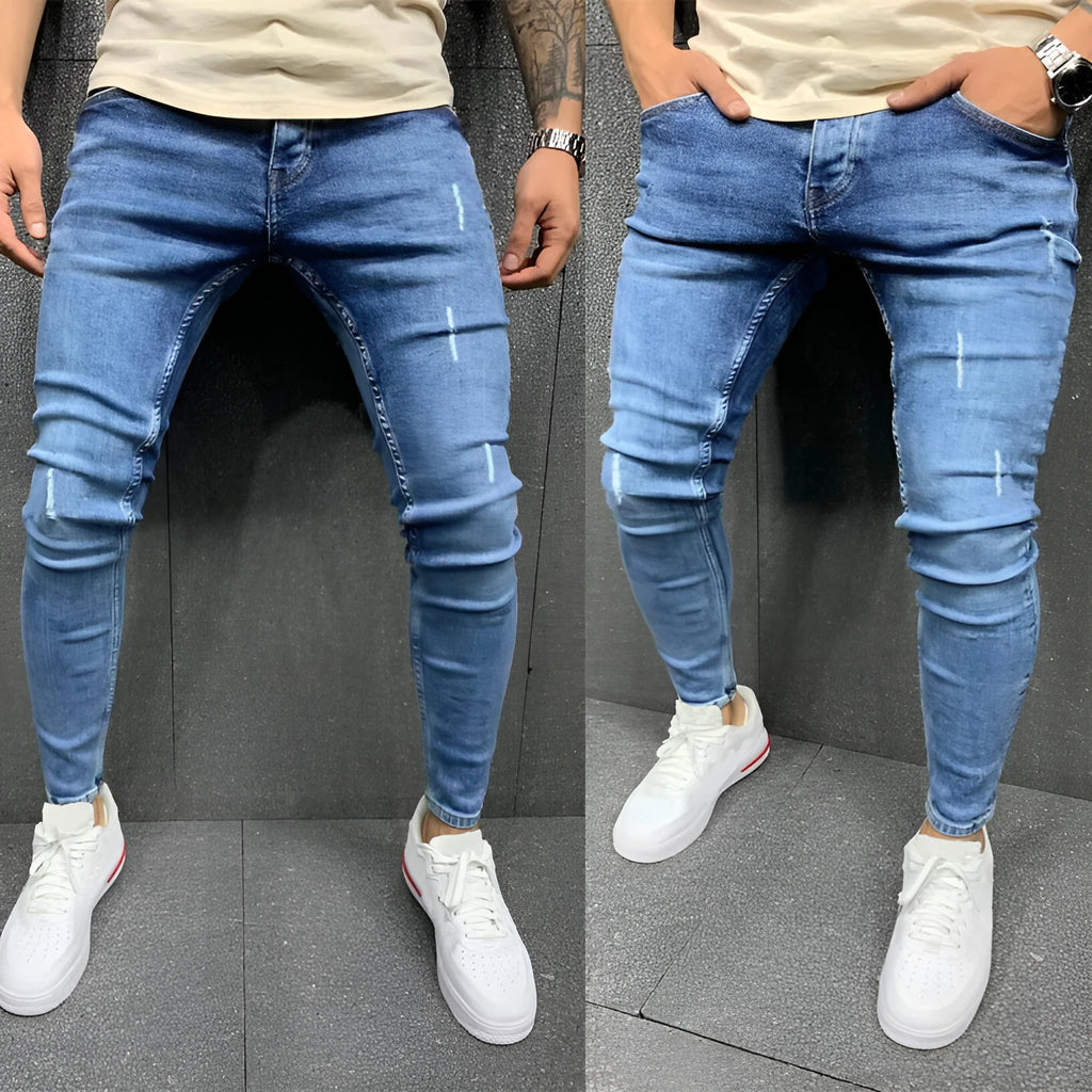 Men's blue ripped stretch denim jeans mid-waist trousers size options S to XXXL