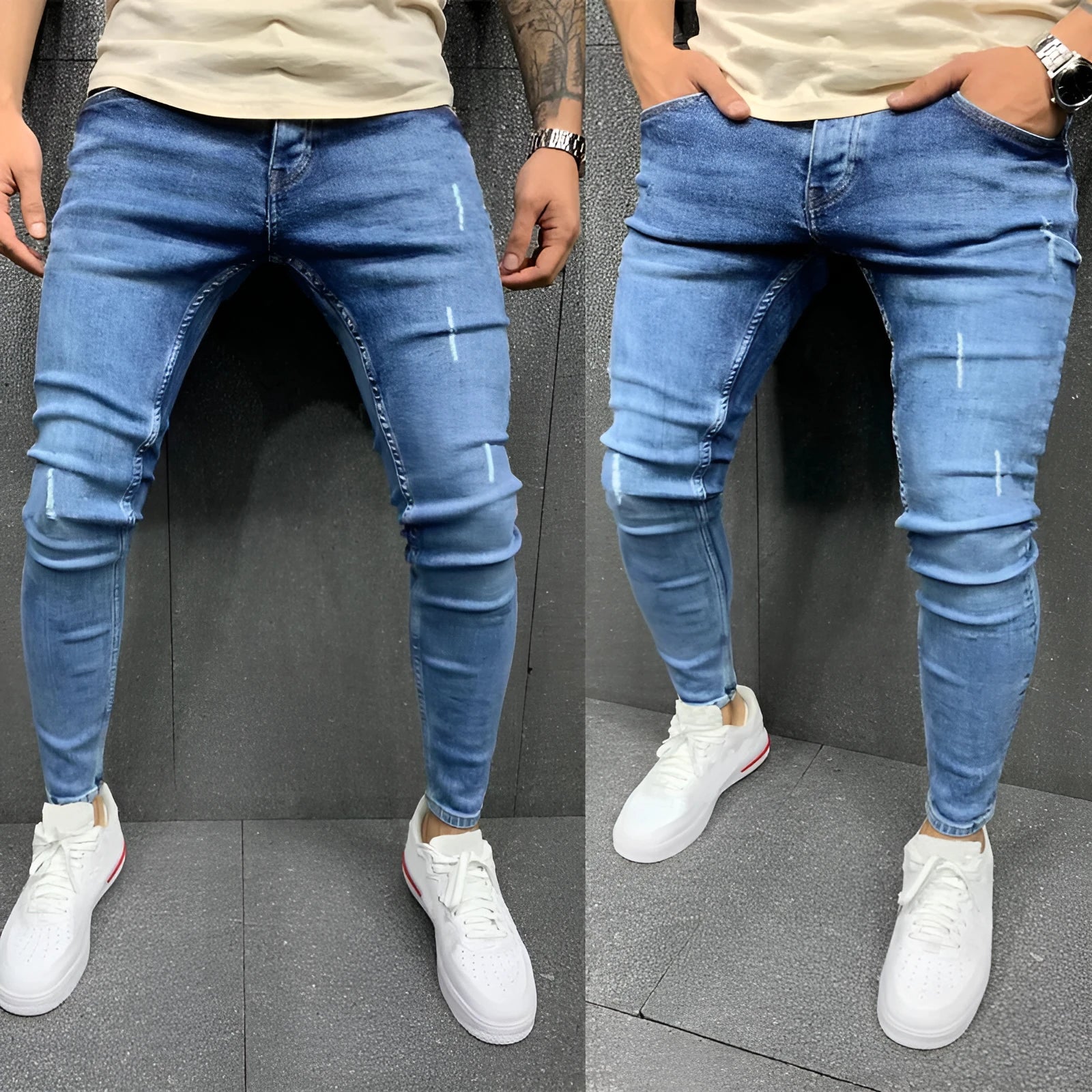 Men's blue ripped stretch denim jeans mid-waist trousers size options S to XXXL