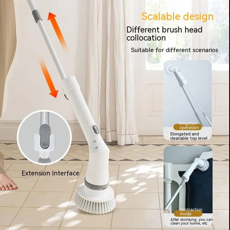 White electric scrubber cleaning brush with long telescopic handle and Type-C charging interface on a floor