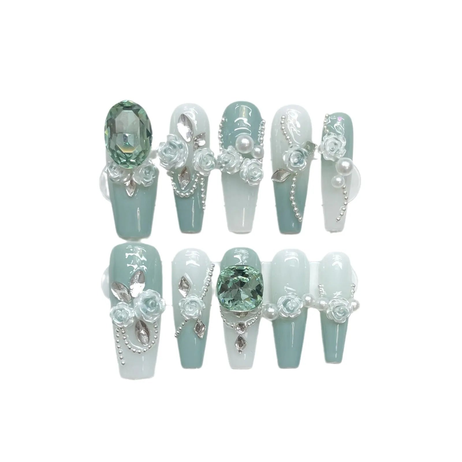 Camellia gradient chain artificial nails with bow and butterfly designs in multiple sizes