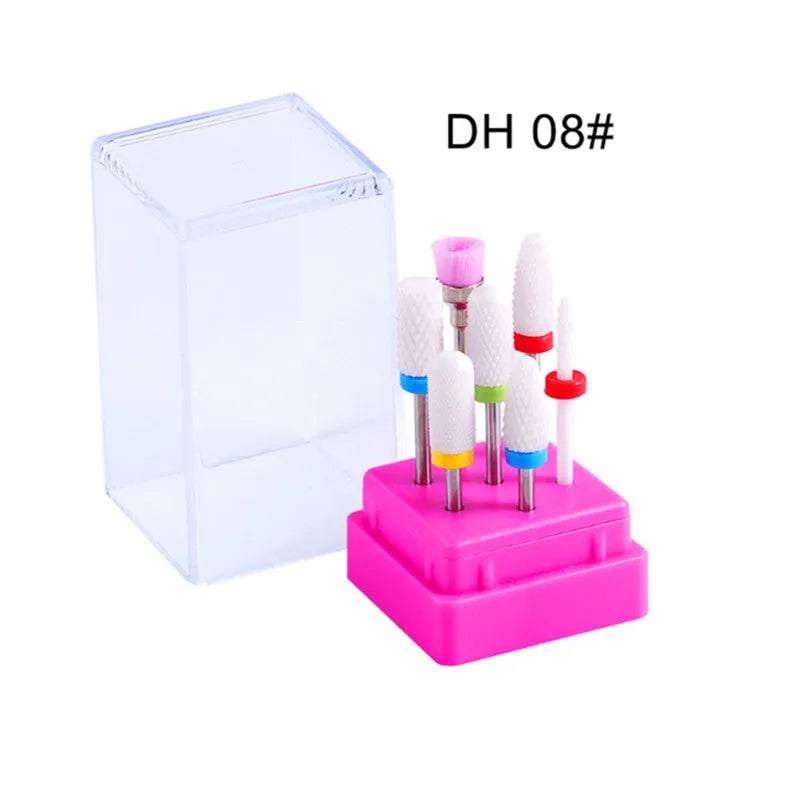 Tungsten steel nail drill polishing head set with 6 bits and 1 brush in transparent case