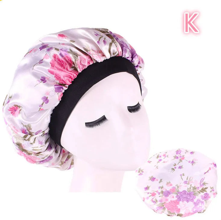 Beauty print satin silk bonnet sleep cap with elastic edge, available in multiple colours