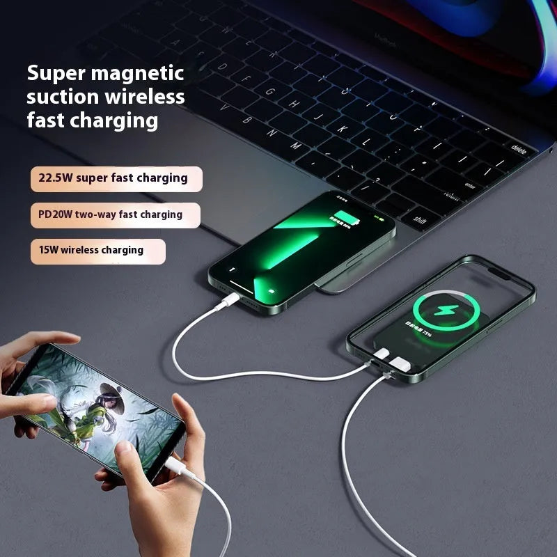Magnetic Magsafe wireless power bank 10000mAh with fast charge cable and magnetic ring in ivory white