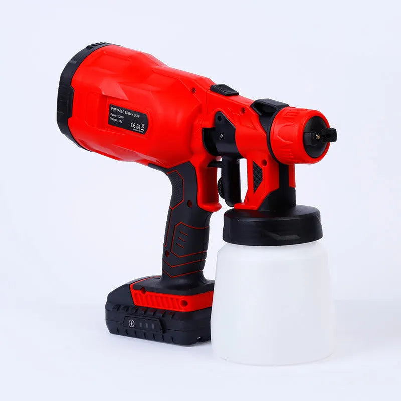 Blue cordless paint spraying machine with a large fluid tank and a detailed nozzle.