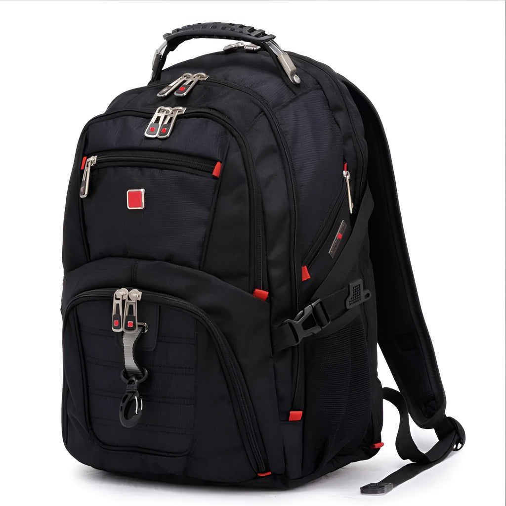 Black business laptop backpack showing multiple compartments and organiser pockets.