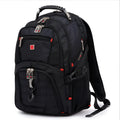 Black business laptop backpack showing multiple compartments and organiser pockets.