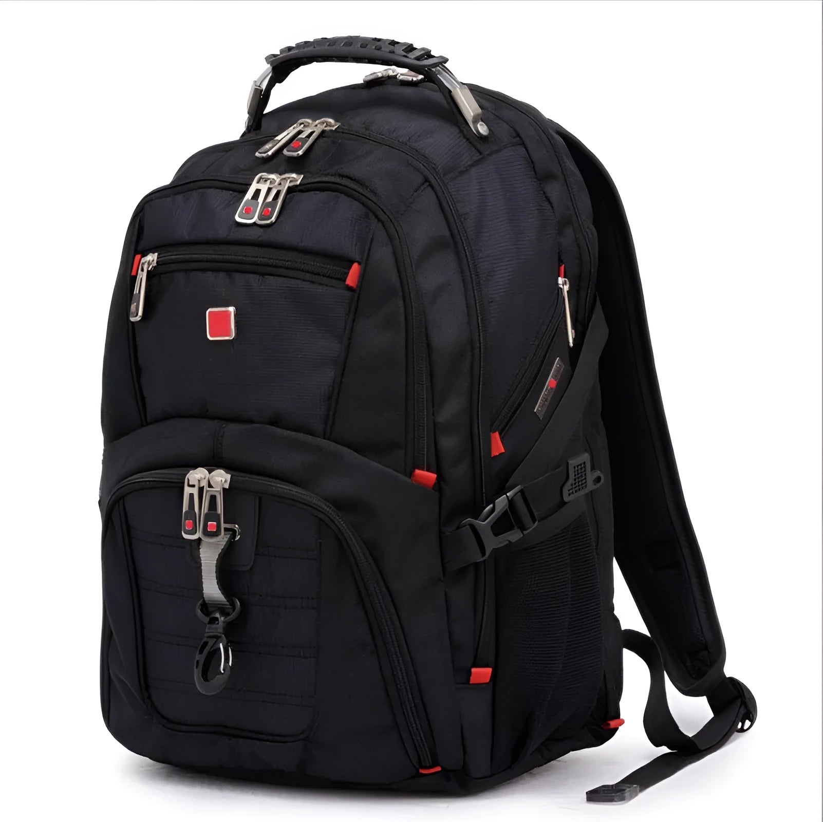 Black business laptop backpack showing multiple compartments and organiser pockets.
