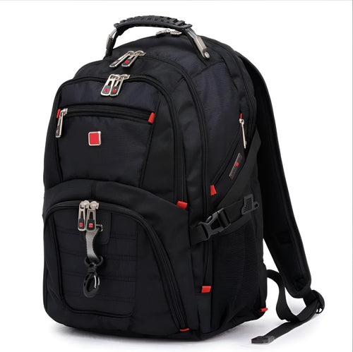 Black business laptop backpack showing multiple compartments and organiser pockets.