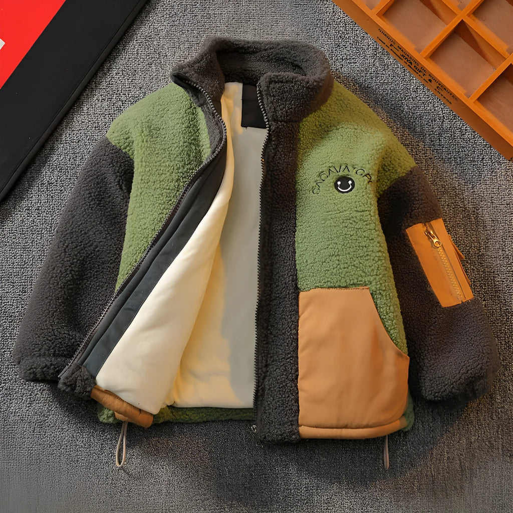 Kids contrast stitch polyester warm top in dark brown, suitable for height 90-150cm
