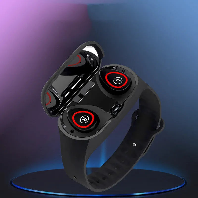 Smart bracelet and wireless earphone combo in silicone with touchscreen display showing fitness metrics