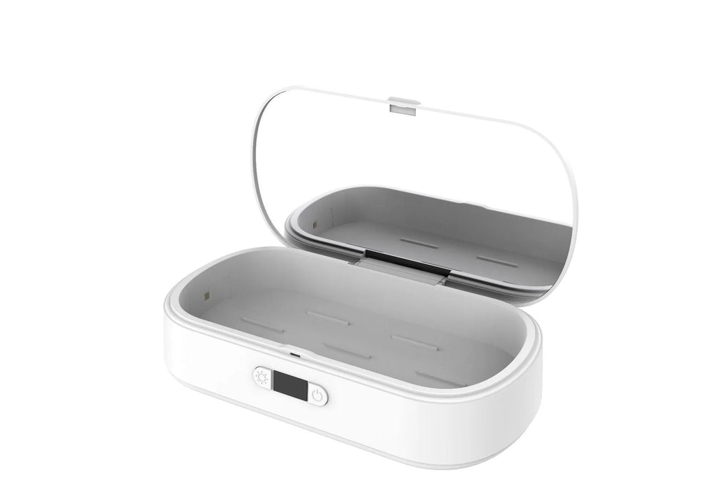 White ABS plastic UV steriliser box with wireless charging pad for phones and personal items