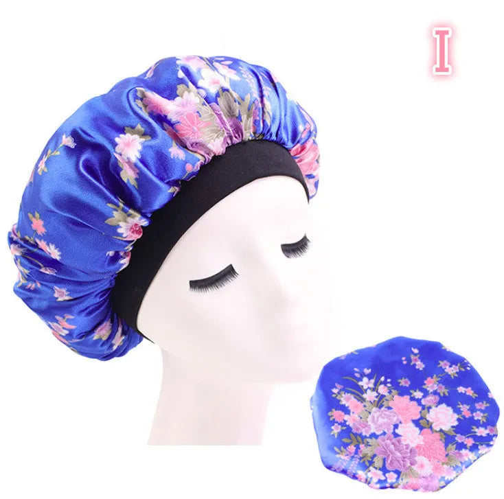 Beauty print satin silk bonnet sleep cap with elastic edge, available in multiple colours