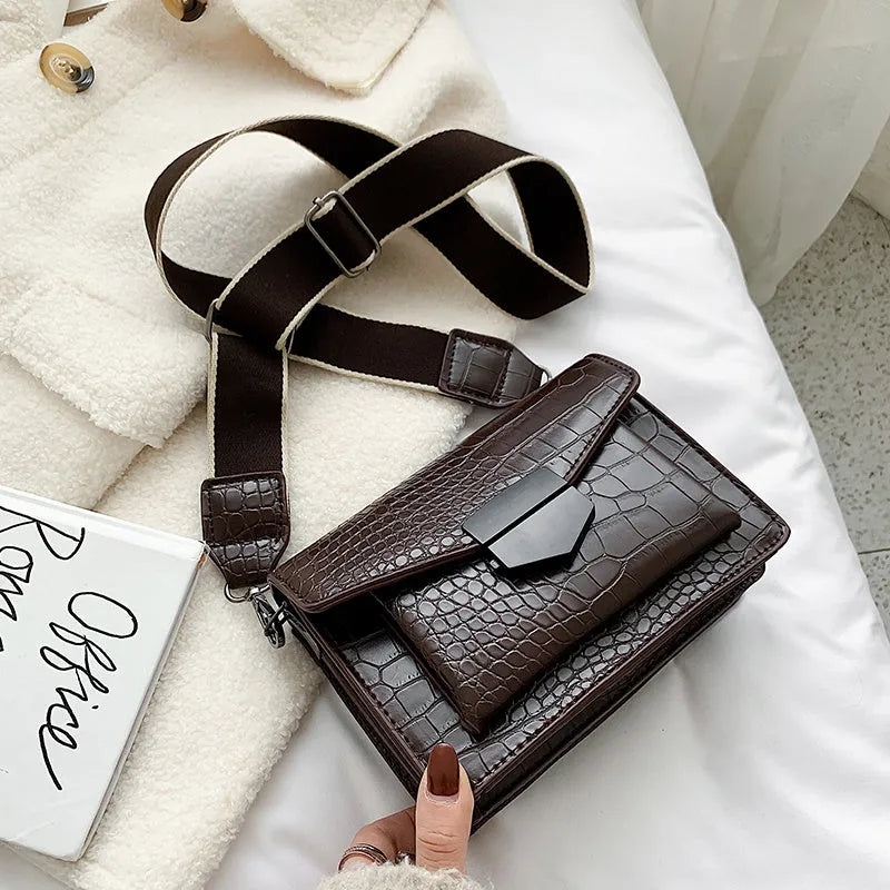 Vintage PU leather crossbody bag showing black, dark brown, khaki and red colour options
