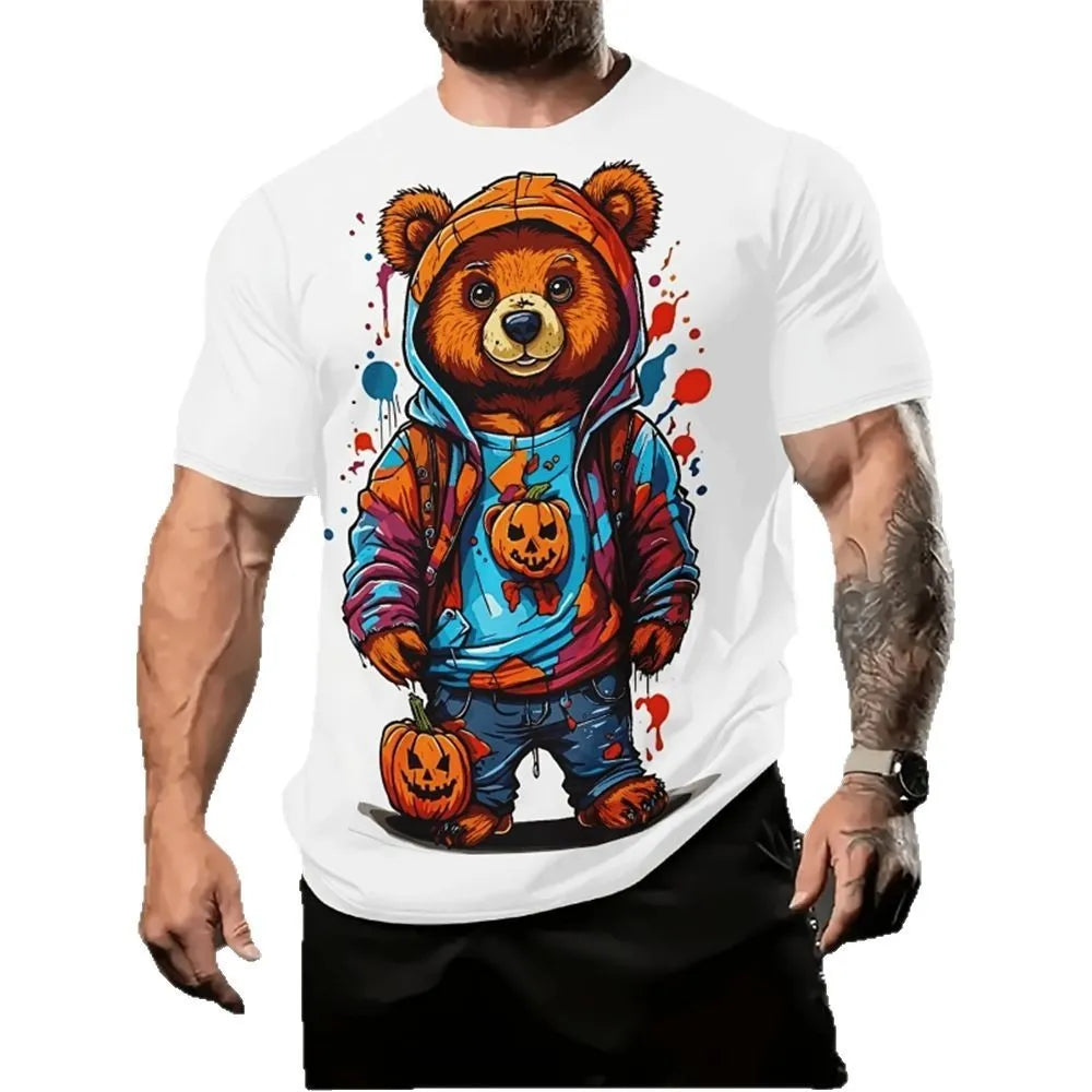 Men's loose-fit casual shirt with a colourful cartoon 3D print on the front, short sleeves.