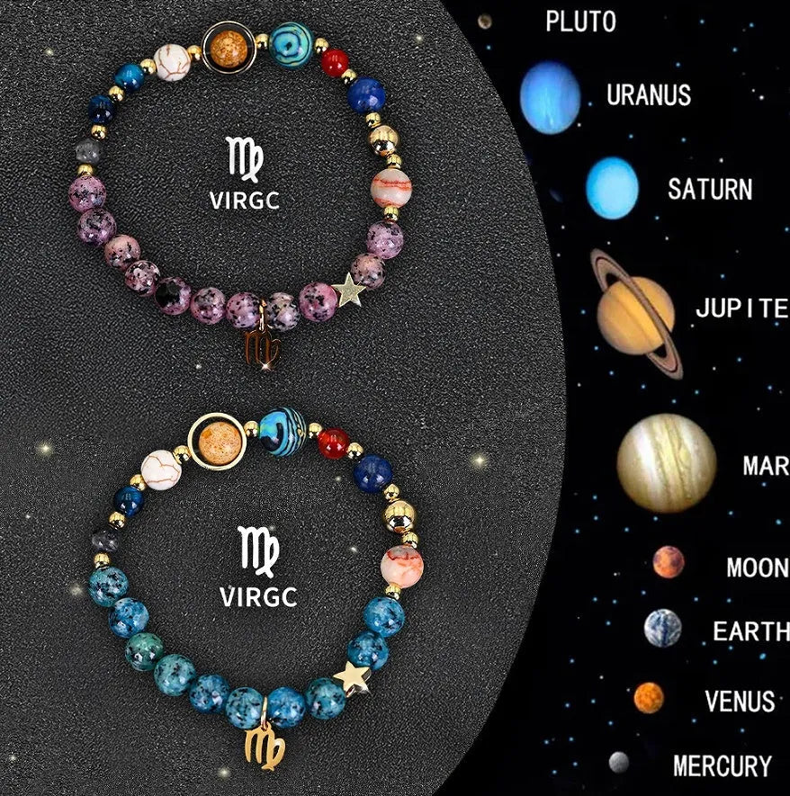 Natural stone zodiac beaded bracelet set showing two matching bracelets with astrology-themed design
