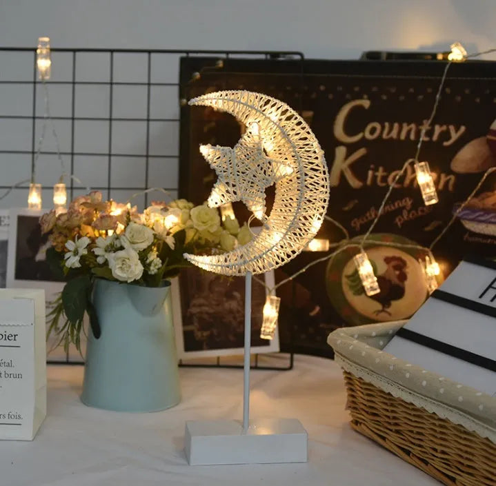 Rattan LED fairy lights with star, heart and moon designs for battery-powered room decoration